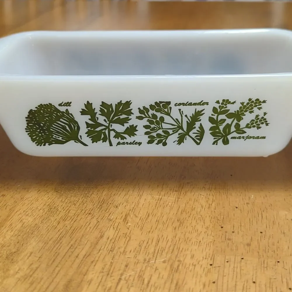 Glasbake Vintage 1960s J522 1.5 Quart Milk Glass Loaf Pan Green Herb Pattern